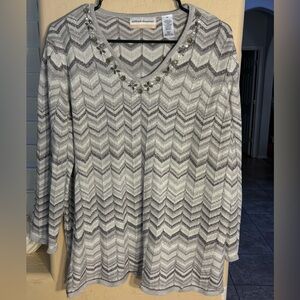 Alfred Dunner Shirt Womens Gray Sleeve Metallica‎ Shine Blouse Top